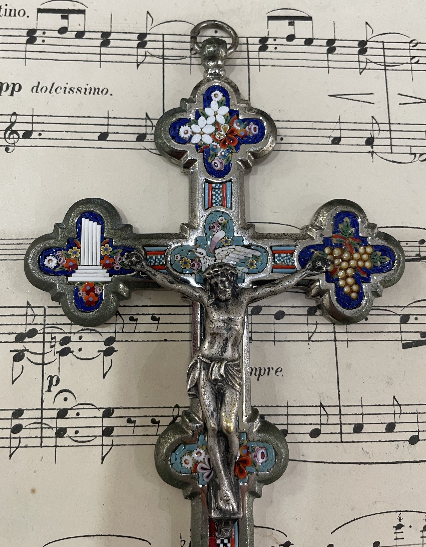 Antique Italian Micro Mosaic Micromosaic Cross Crucifix Bird Flowers c1900