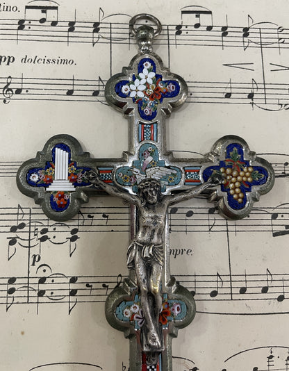 Antique Italian Micro Mosaic Micromosaic Cross Crucifix Bird Flowers c1900