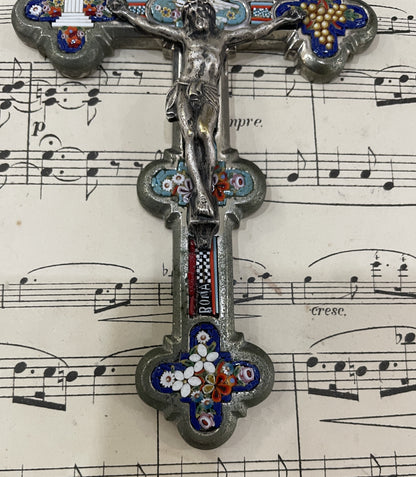 Antique Italian Micro Mosaic Micromosaic Cross Crucifix Bird Flowers c1900