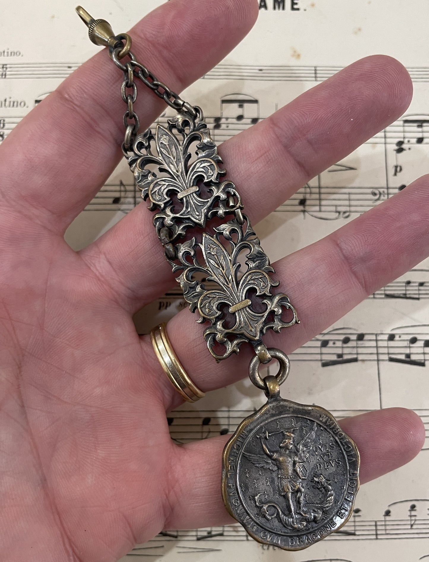 Rare Antique French Silver Plated St Michael Chatelaine Fleur de Lys c1900