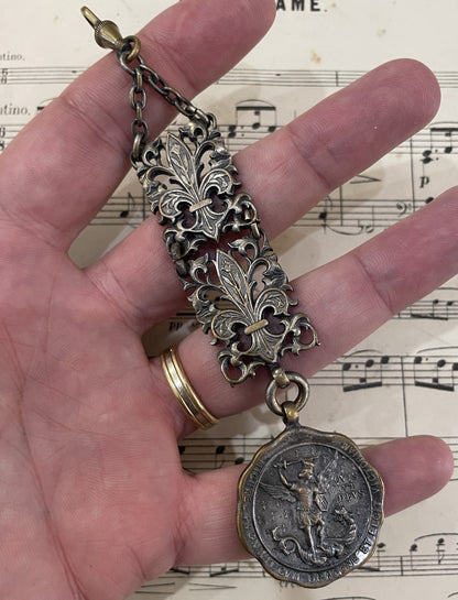 Rare Antique French Silver Plated St Michael Chatelaine Fleur de Lys c1900