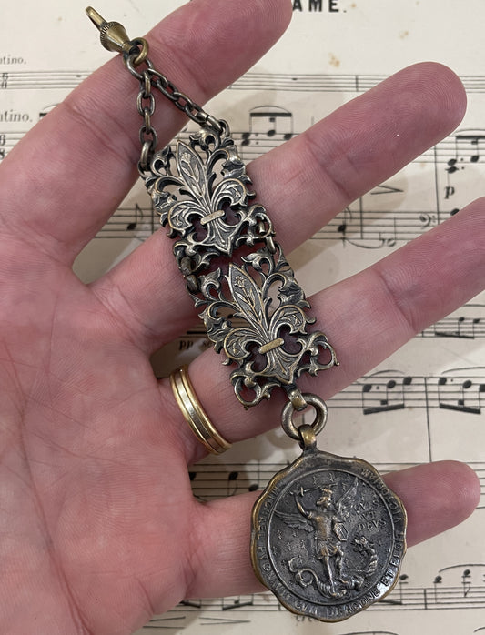 Rare Antique French Silver Plated St Michael Chatelaine Fleur de Lys c1900