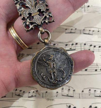 Rare Antique French Silver Plated St Michael Chatelaine Fleur de Lys c1900