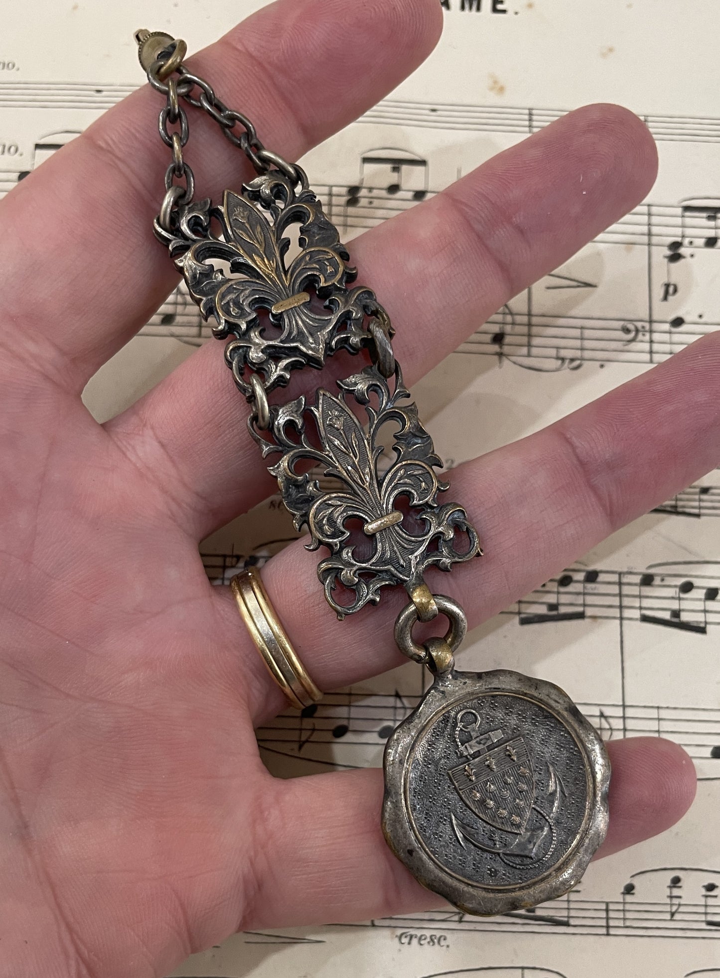 Rare Antique French Silver Plated St Michael Chatelaine Fleur de Lys c1900