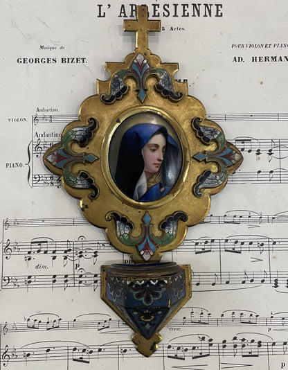 Antique French Champleve Enamel Hand Painted Porcelain Madonna Fleur de Lys Holy Water Font c1880