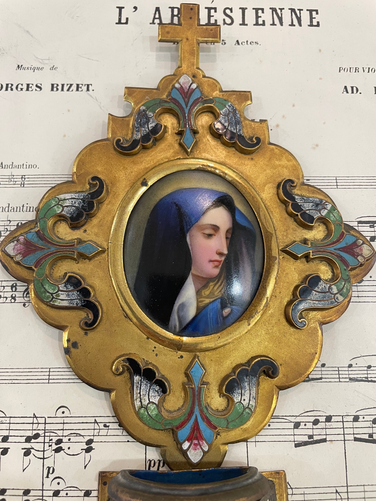 Antique French Champleve Enamel Hand Painted Porcelain Madonna Fleur de Lys Holy Water Font c1880