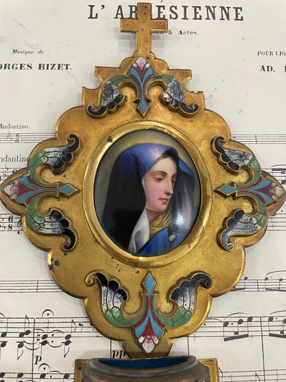 Antique French Champleve Enamel Hand Painted Porcelain Madonna Fleur de Lys Holy Water Font c1880