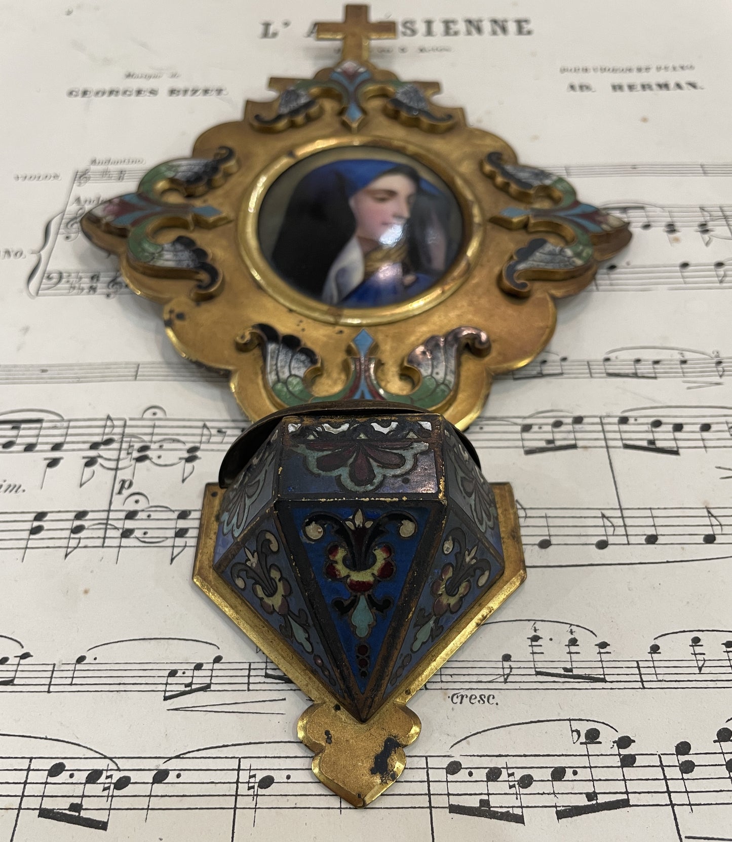 Antique French Champleve Enamel Hand Painted Porcelain Madonna Fleur de Lys Holy Water Font c1880