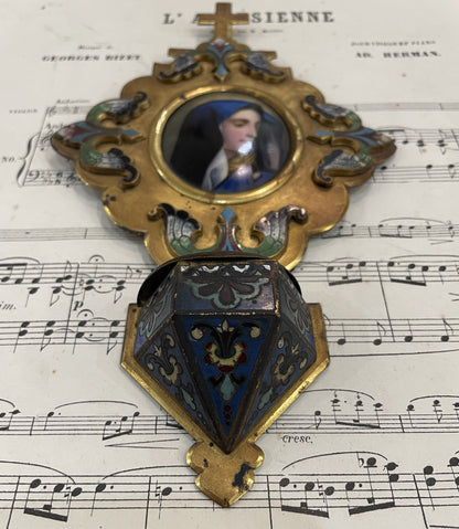 Antique French Champleve Enamel Hand Painted Porcelain Madonna Fleur de Lys Holy Water Font c1880