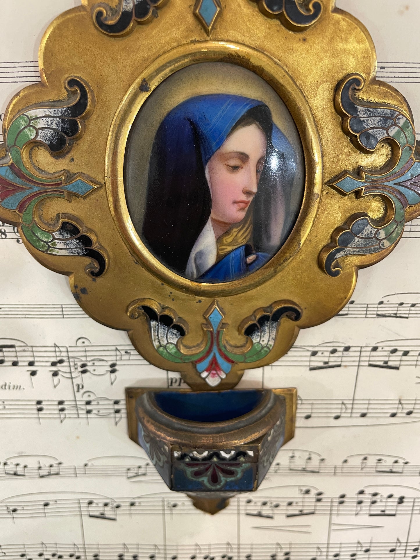 Antique French Champleve Enamel Hand Painted Porcelain Madonna Fleur de Lys Holy Water Font c1880