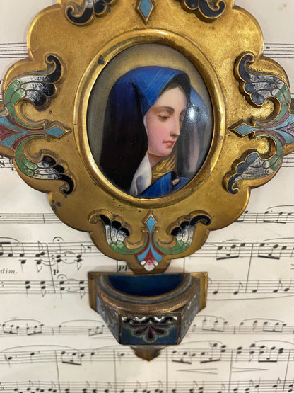 Antique French Champleve Enamel Hand Painted Porcelain Madonna Fleur de Lys Holy Water Font c1880