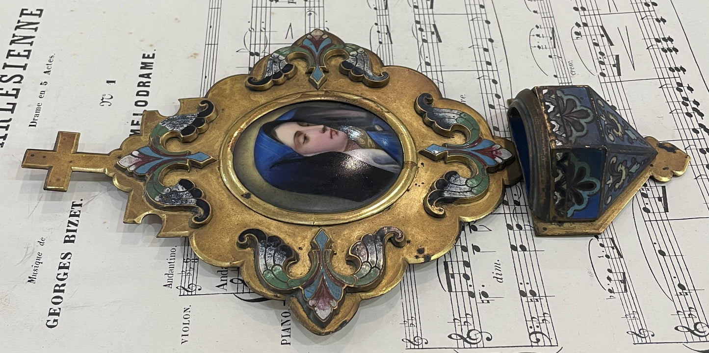 Antique French Champleve Enamel Hand Painted Porcelain Madonna Fleur de Lys Holy Water Font c1880