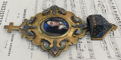 Antique French Champleve Enamel Hand Painted Porcelain Madonna Fleur de Lys Holy Water Font c1880