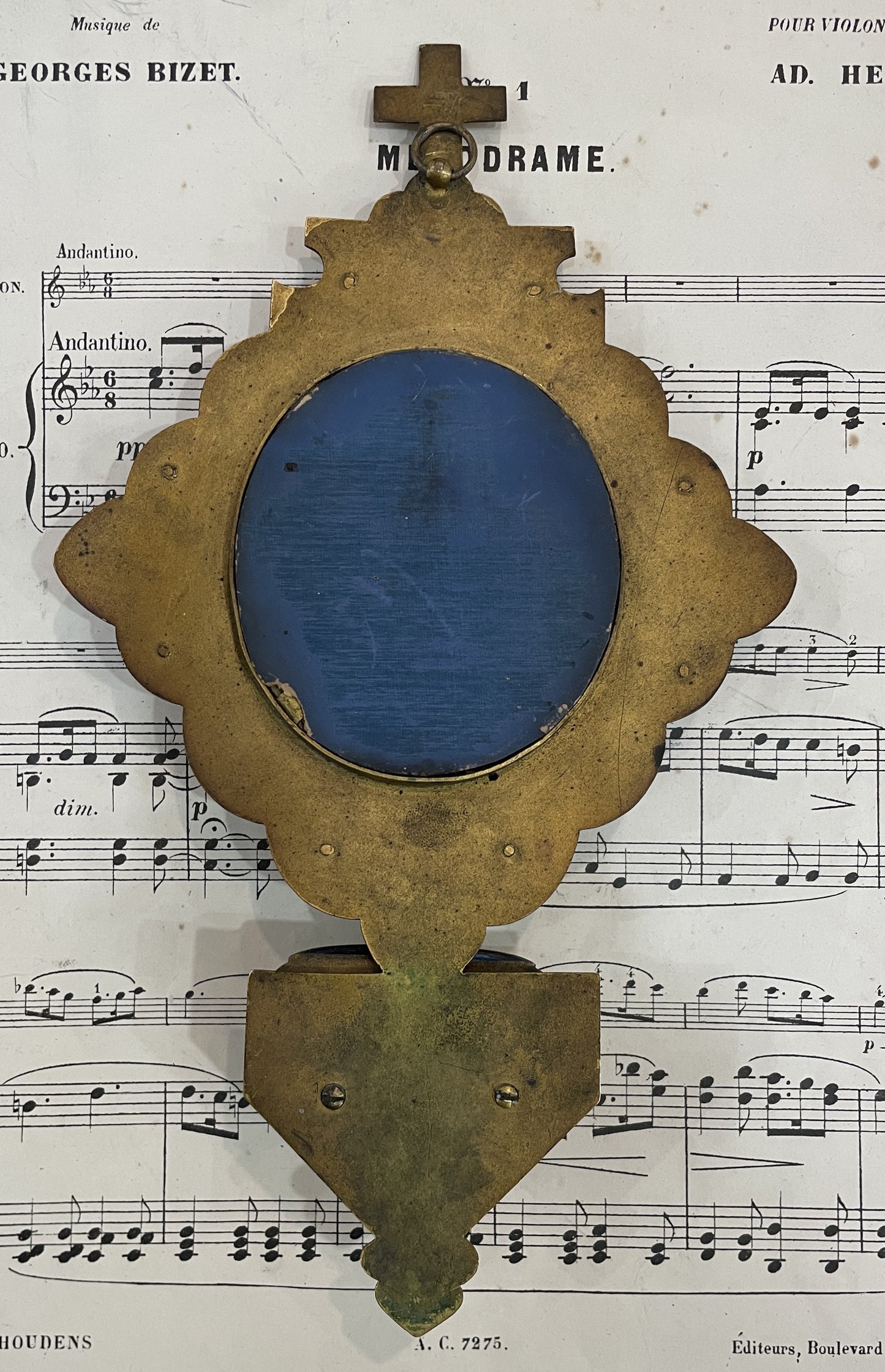 Antique French Champleve Enamel Hand Painted Porcelain Madonna Fleur de Lys Holy Water Font c1880