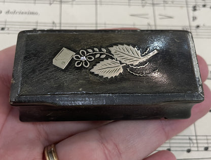 Antique French Carved Horn Snuff Box Inlaid Sterling Silver Flowers c1880