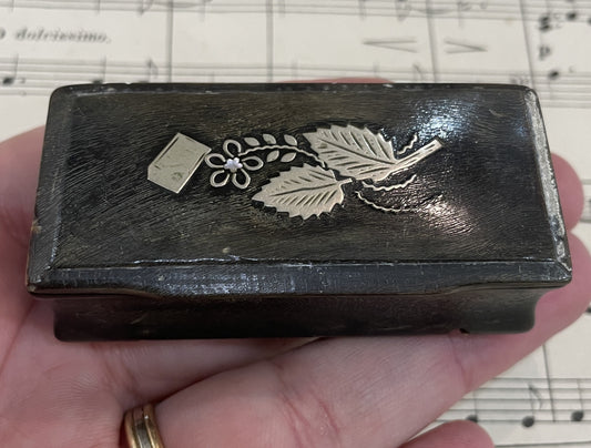 Antique French Carved Horn Snuff Box Inlaid Sterling Silver Flowers c1880
