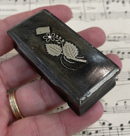 Antique French Carved Horn Snuff Box Inlaid Sterling Silver Flowers c1880