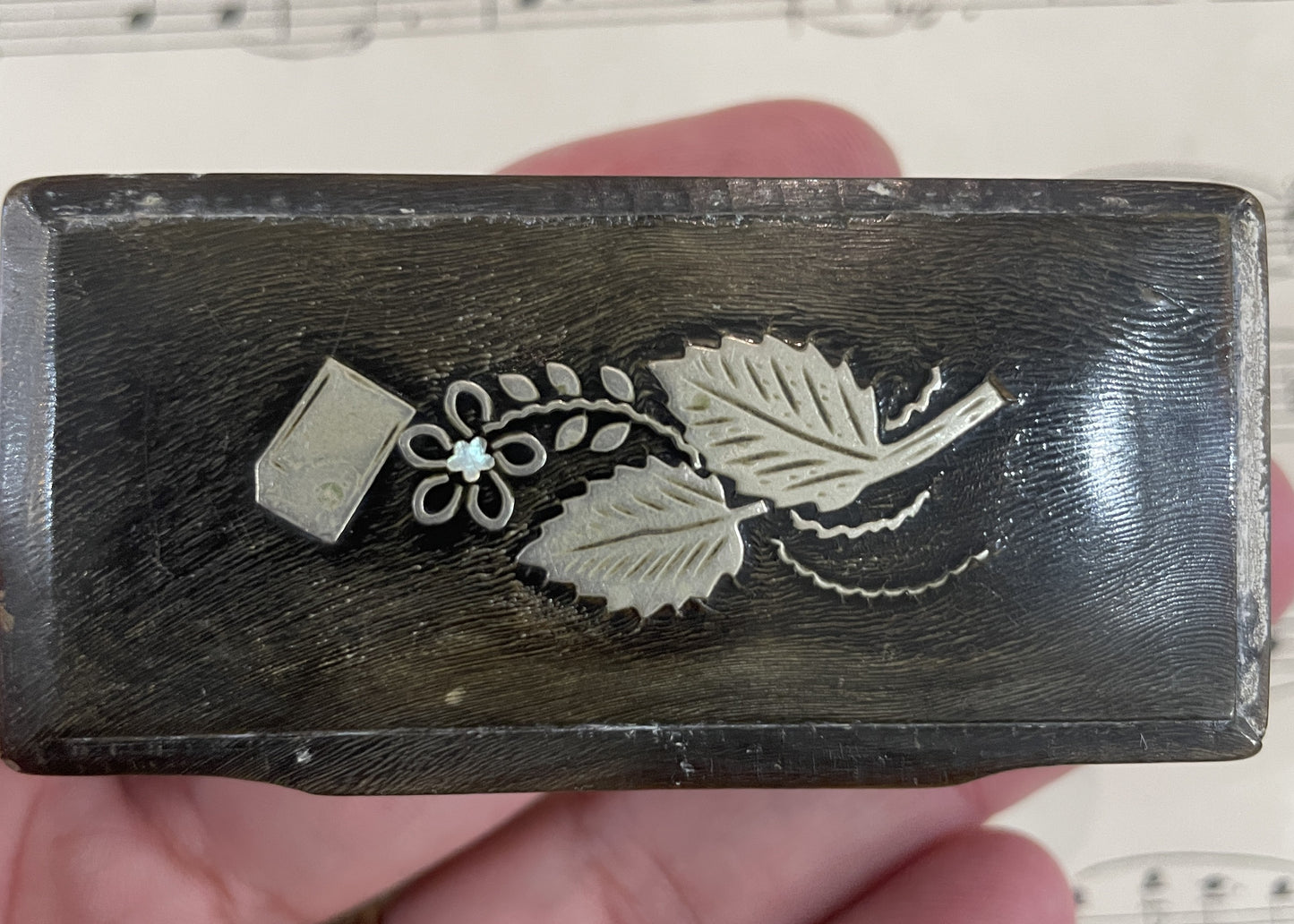 Antique French Carved Horn Snuff Box Inlaid Sterling Silver Flowers c1880