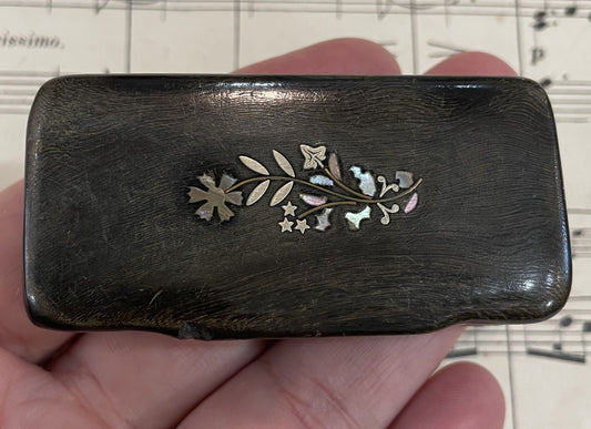 Antique French Carved Horn Snuff Box Inlaid Sterling Silver Flowers c1880