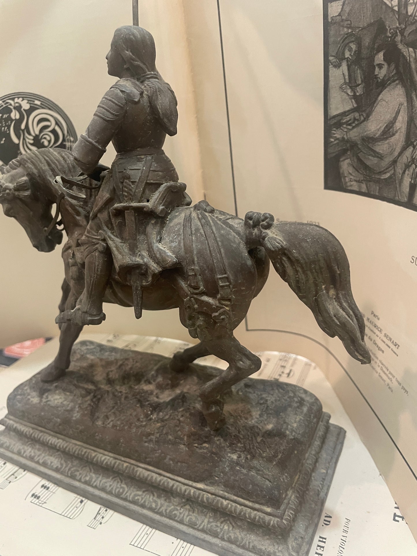 Rare Antique French St Joan of Arc on Horse Spelter Statue c1880