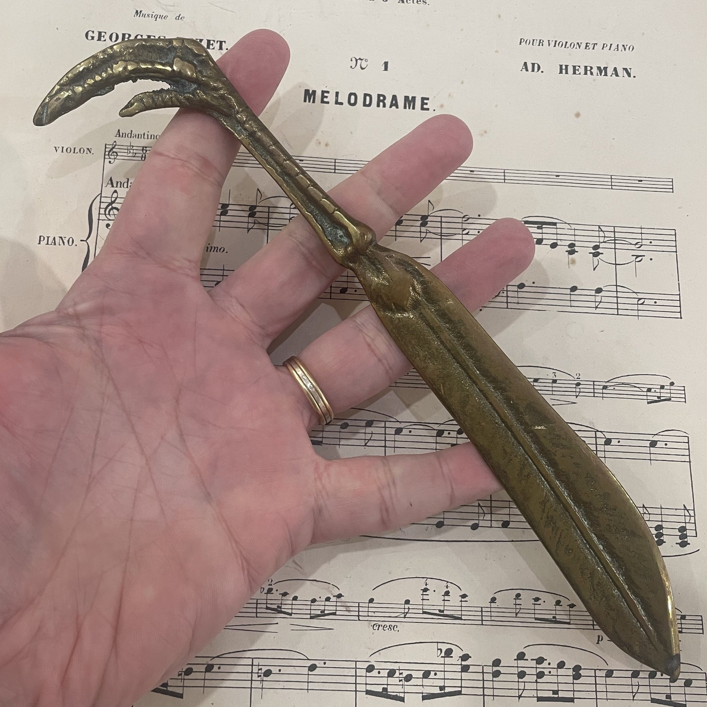 Rare Antique French Bronze Chicken Foot Feather Letter Opener c1900