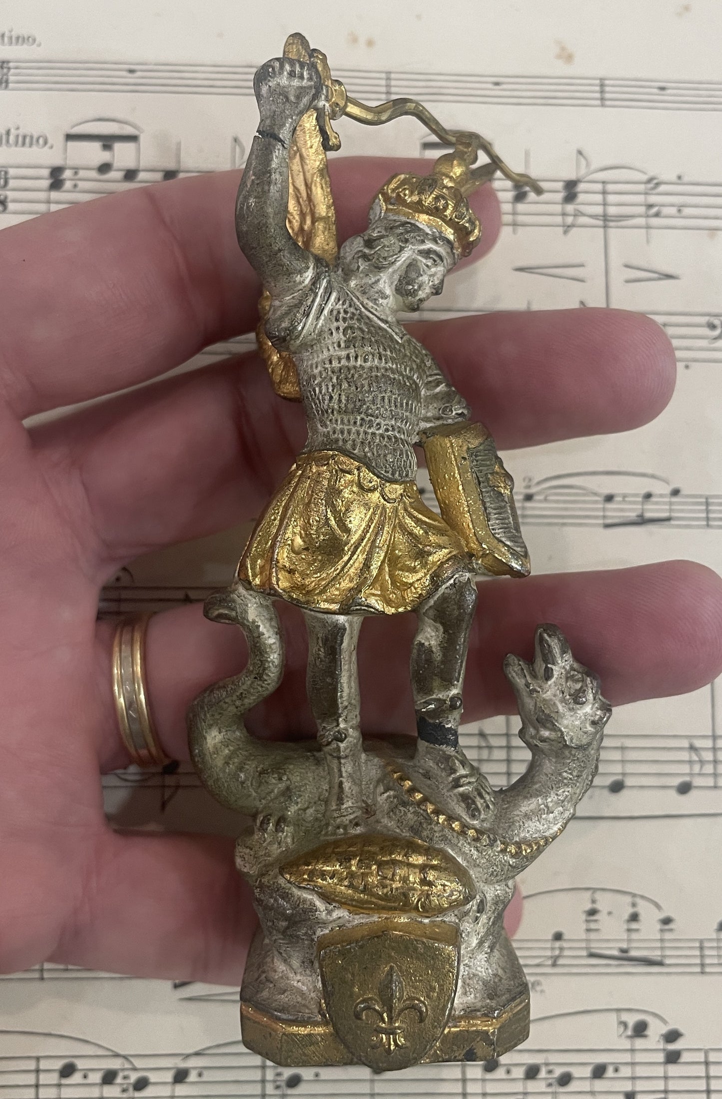 Antique French Saint Michael Slaying the Dragon Spelter Statue Fleur de Lys c1900
