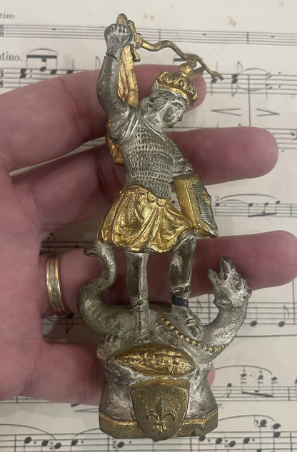 Antique French Saint Michael Slaying the Dragon Spelter Statue Fleur de Lys c1900