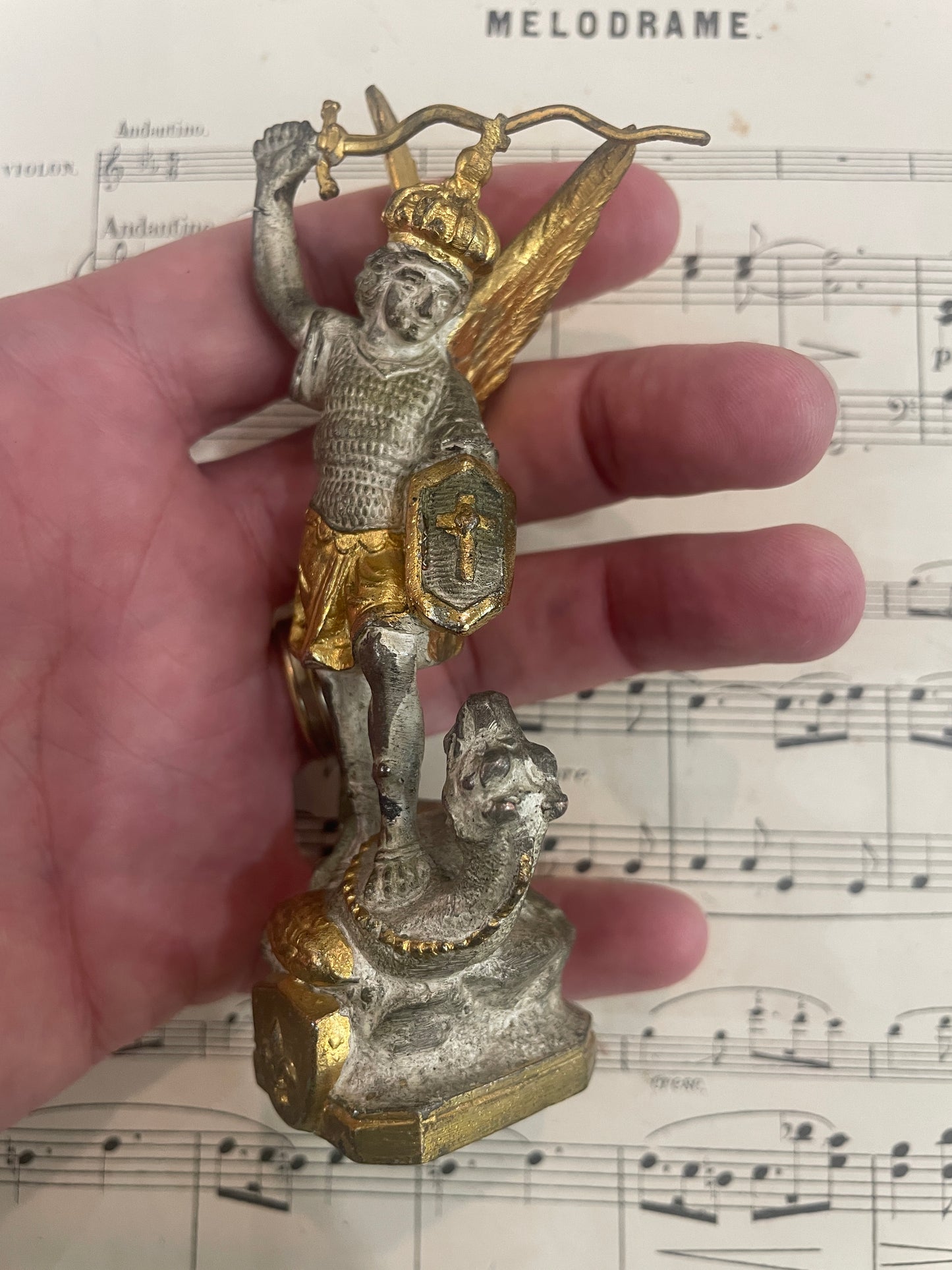 Antique French Saint Michael Slaying the Dragon Spelter Statue Fleur de Lys c1900
