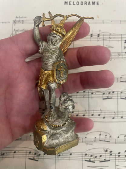 Antique French Saint Michael Slaying the Dragon Spelter Statue Fleur de Lys c1900