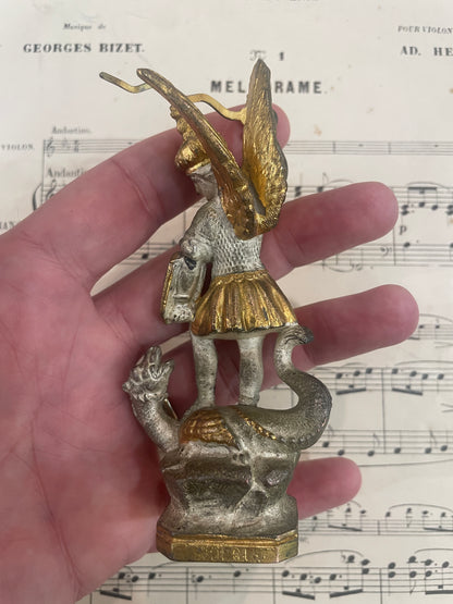 Antique French Saint Michael Slaying the Dragon Spelter Statue Fleur de Lys c1900