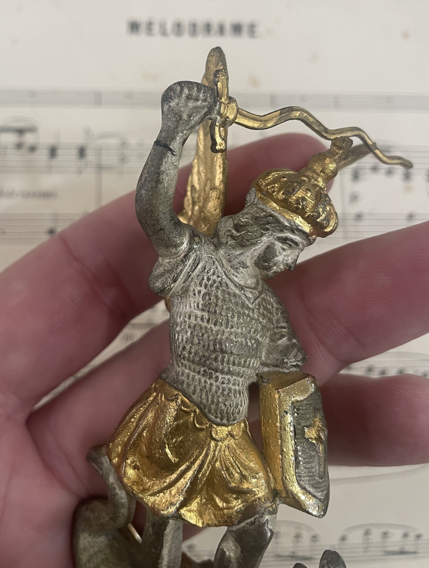 Antique French Saint Michael Slaying the Dragon Spelter Statue Fleur de Lys c1900