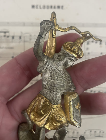 Antique French Saint Michael Slaying the Dragon Spelter Statue Fleur de Lys c1900