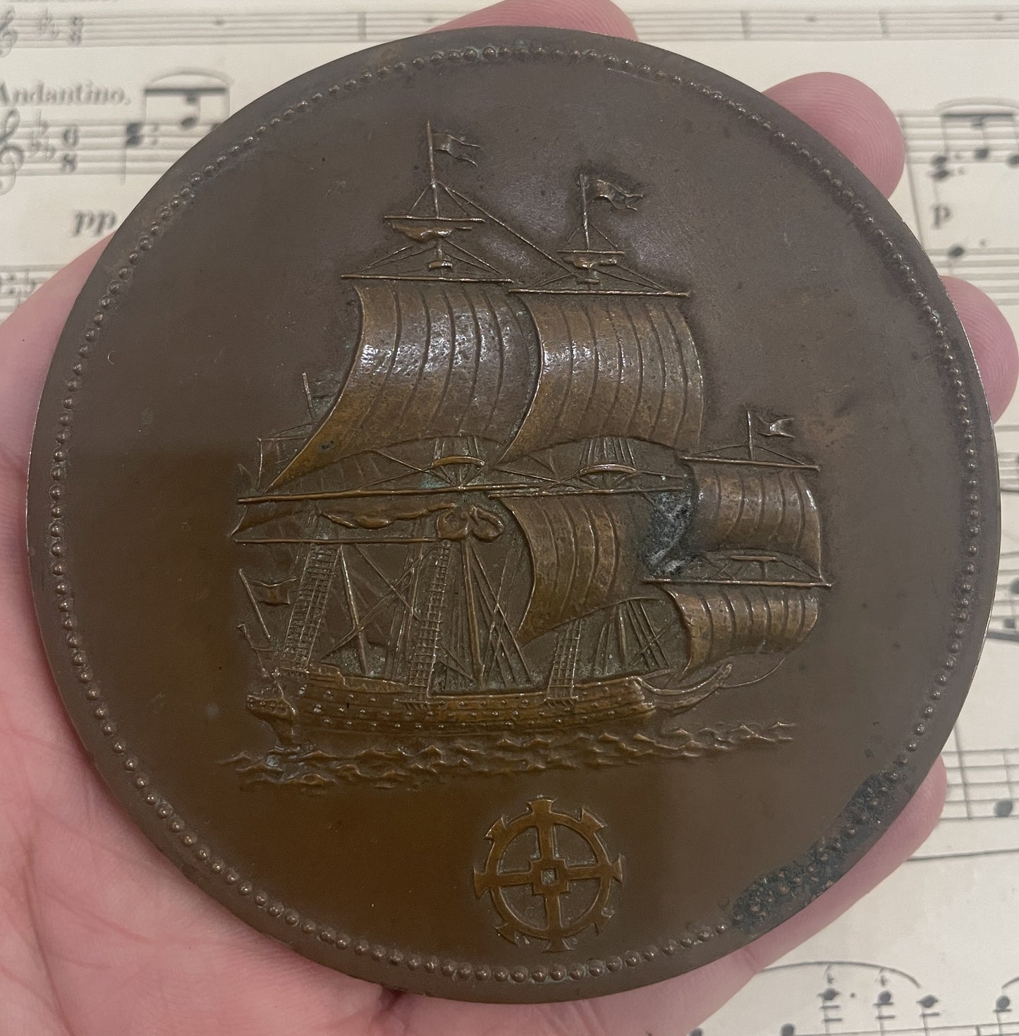 Large Antique French Bronze Medal Boat Galleon c1920