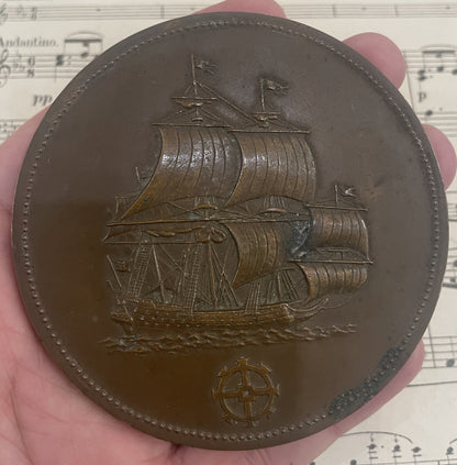 Large Antique French Bronze Medal Boat Galleon c1920