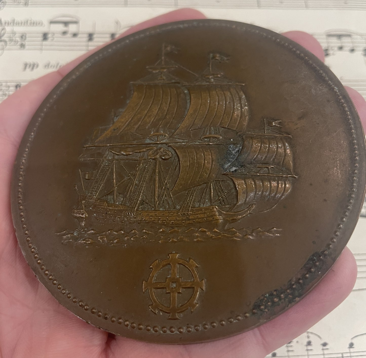 Large Antique French Bronze Medal Boat Galleon c1920