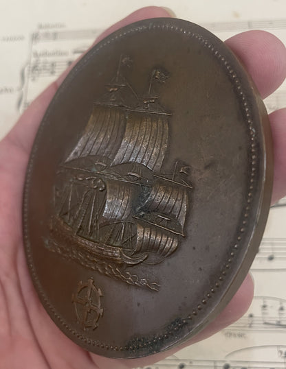 Large Antique French Bronze Medal Boat Galleon c1920
