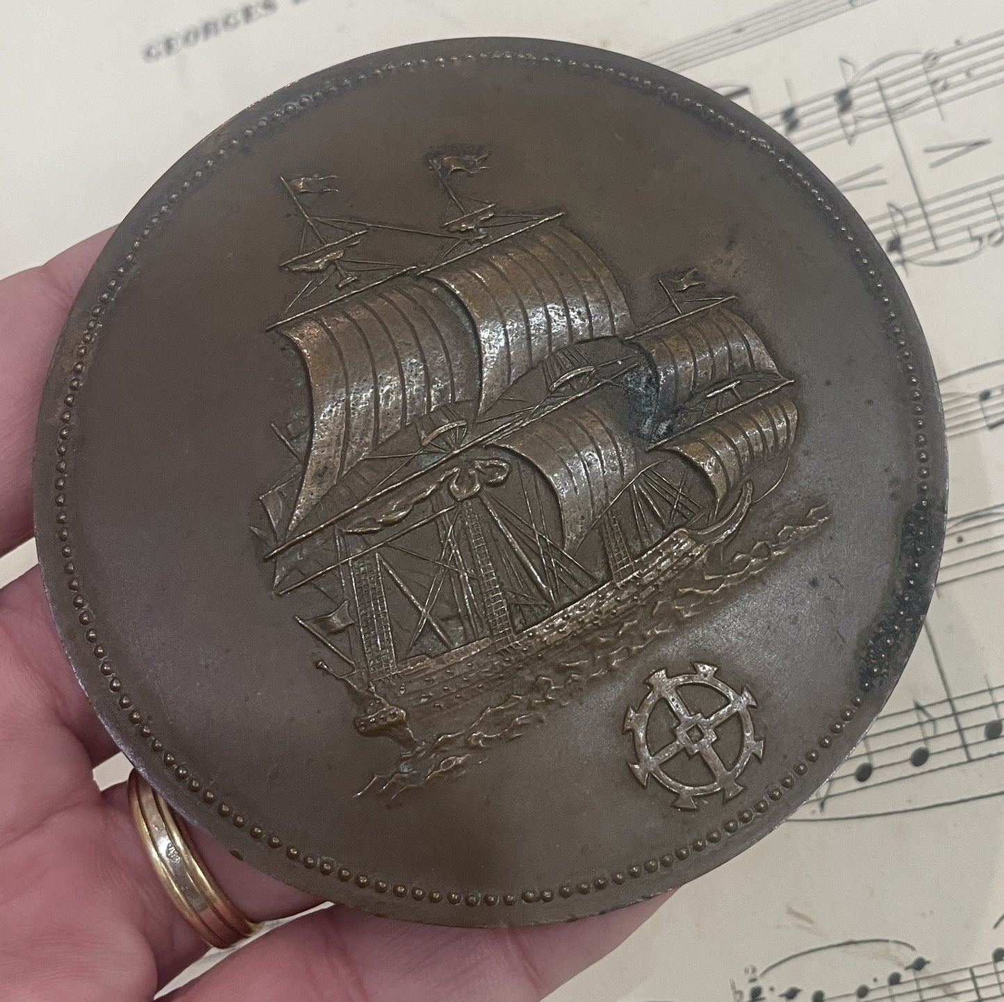 Large Antique French Bronze Medal Boat Galleon c1920