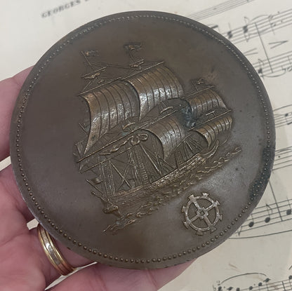 Large Antique French Bronze Medal Boat Galleon c1920
