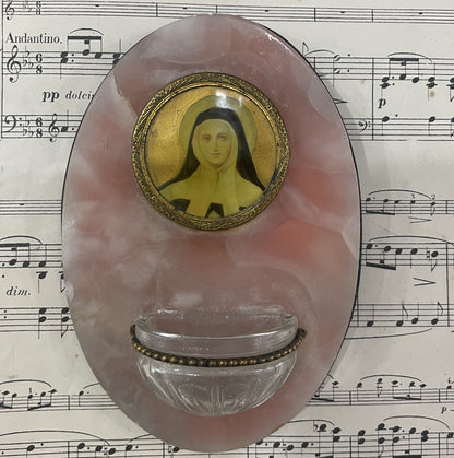 Antique French Virgin Mary Pink Onyx Holy Water Font c1920