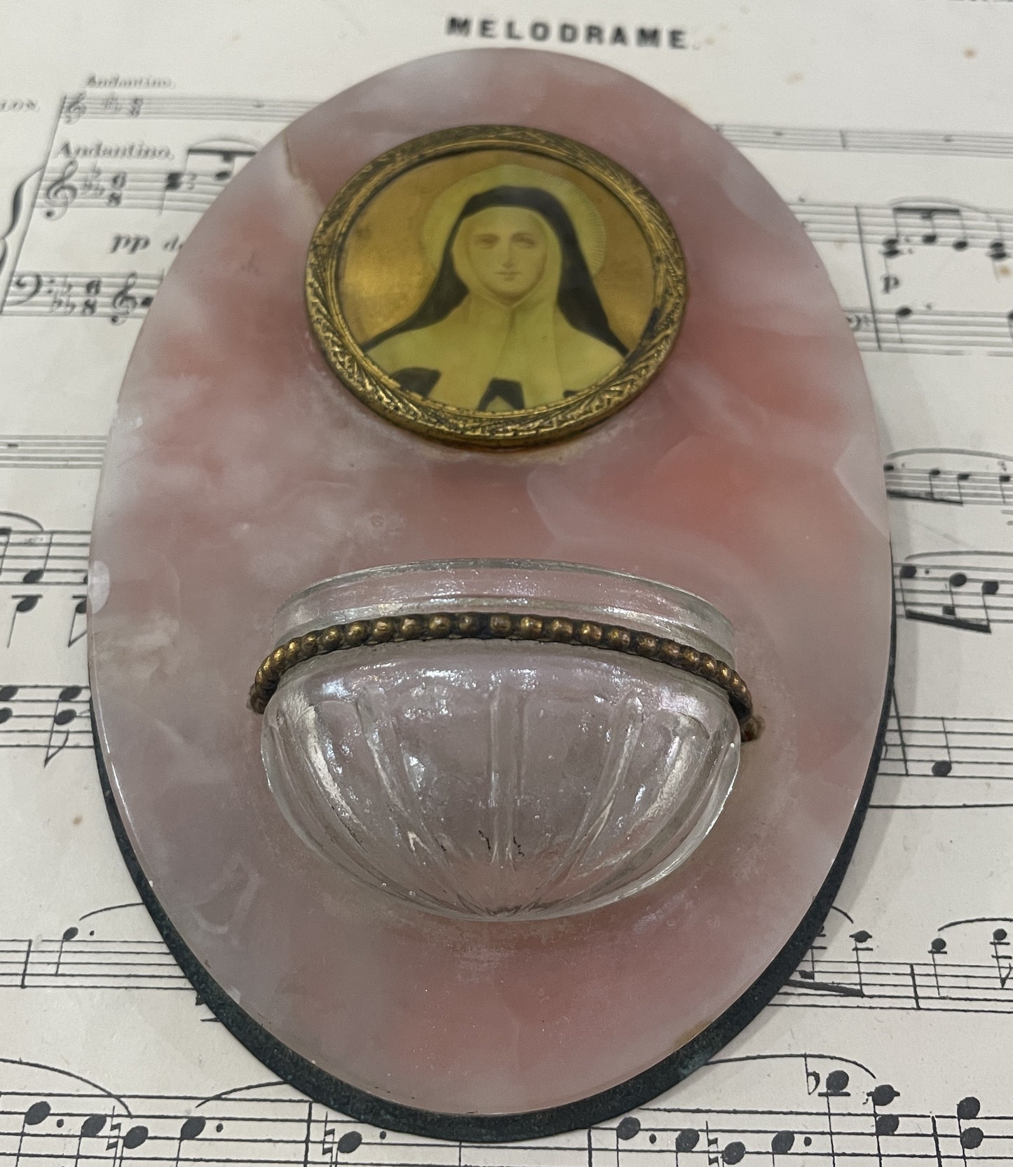 Antique French Virgin Mary Pink Onyx Holy Water Font c1920