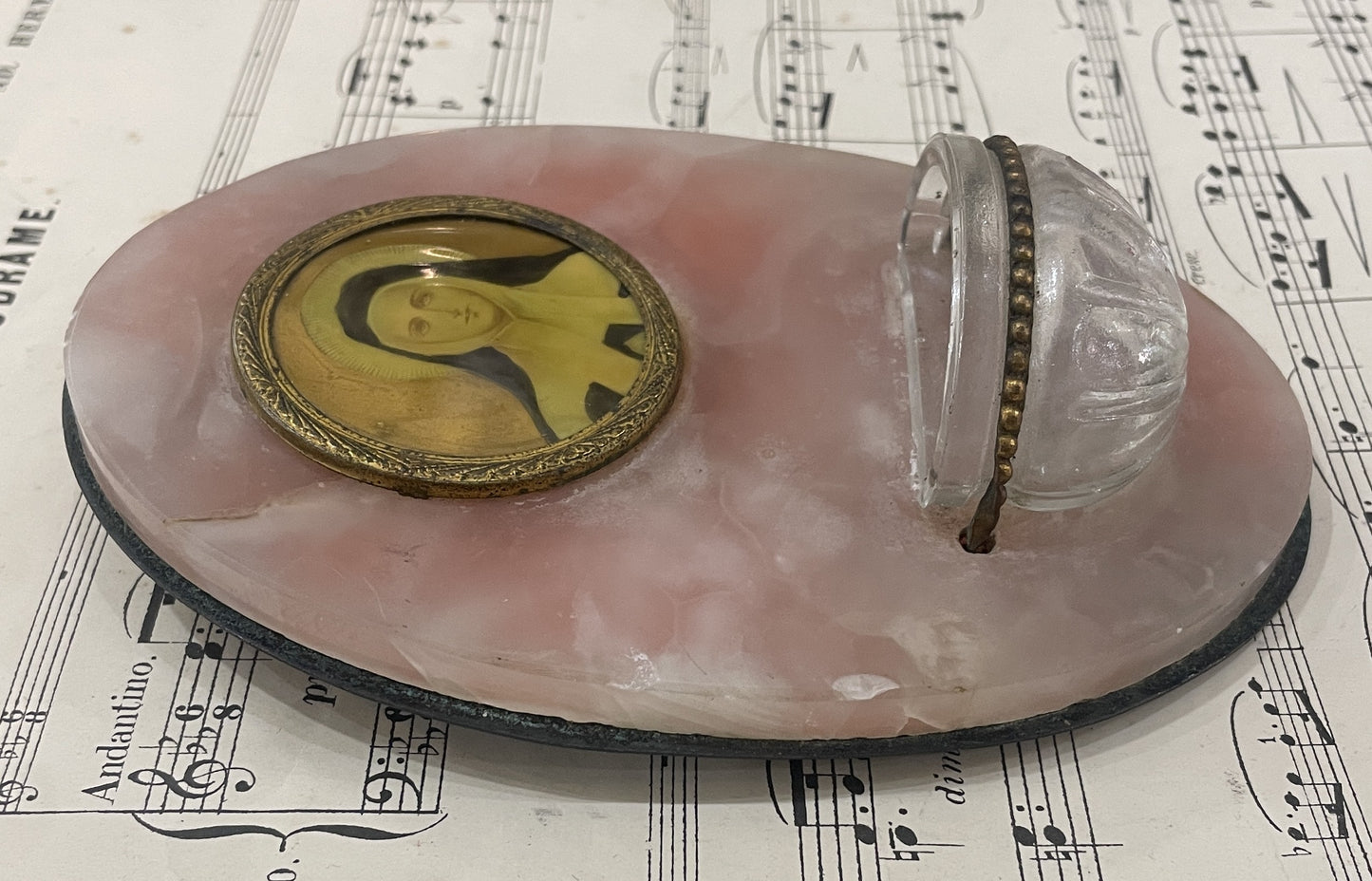 Antique French Virgin Mary Pink Onyx Holy Water Font c1920