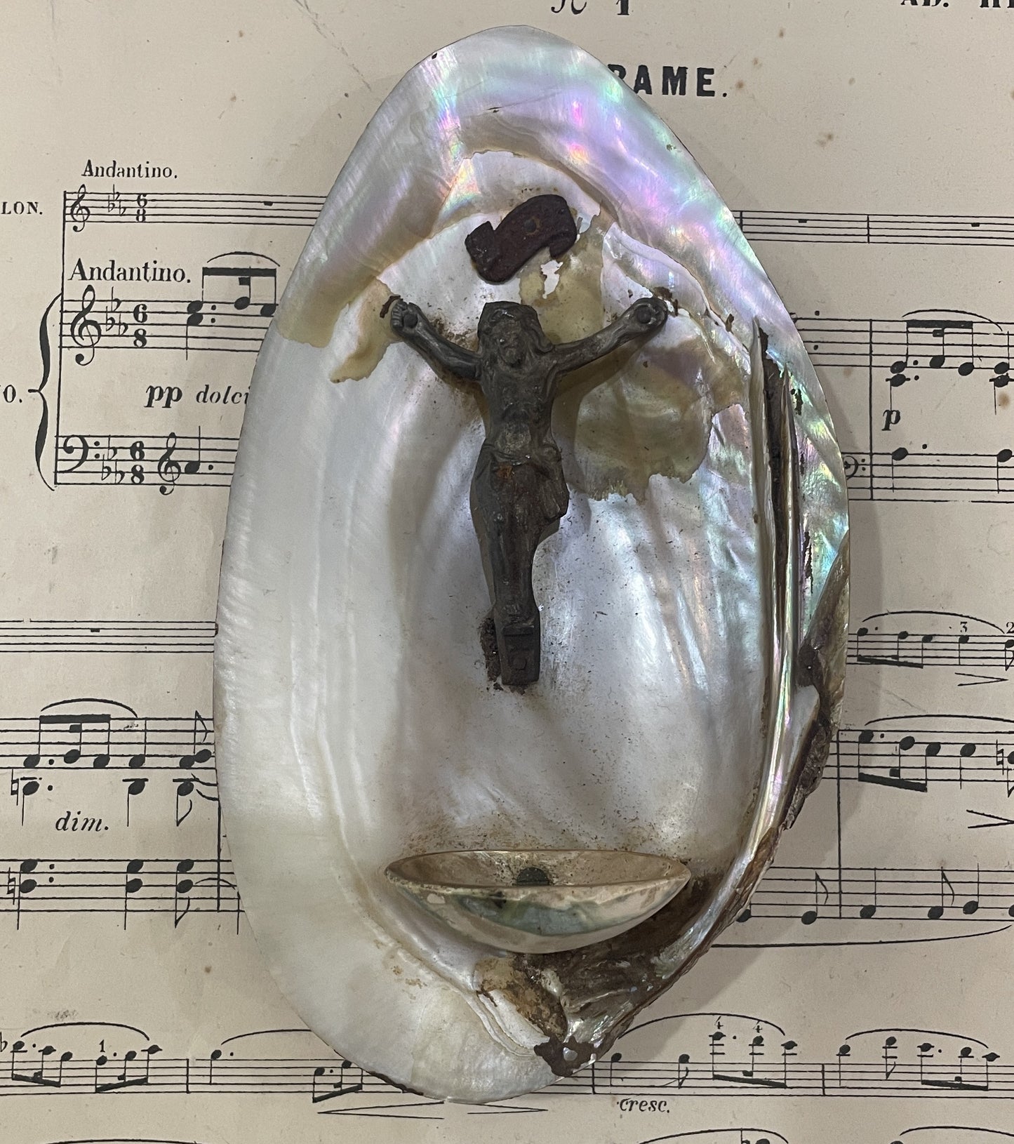 Antique French Shell Holy Water Font Jesus c1900