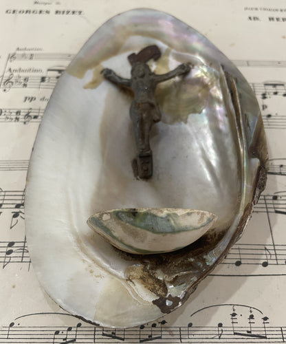 Antique French Shell Holy Water Font Jesus c1900