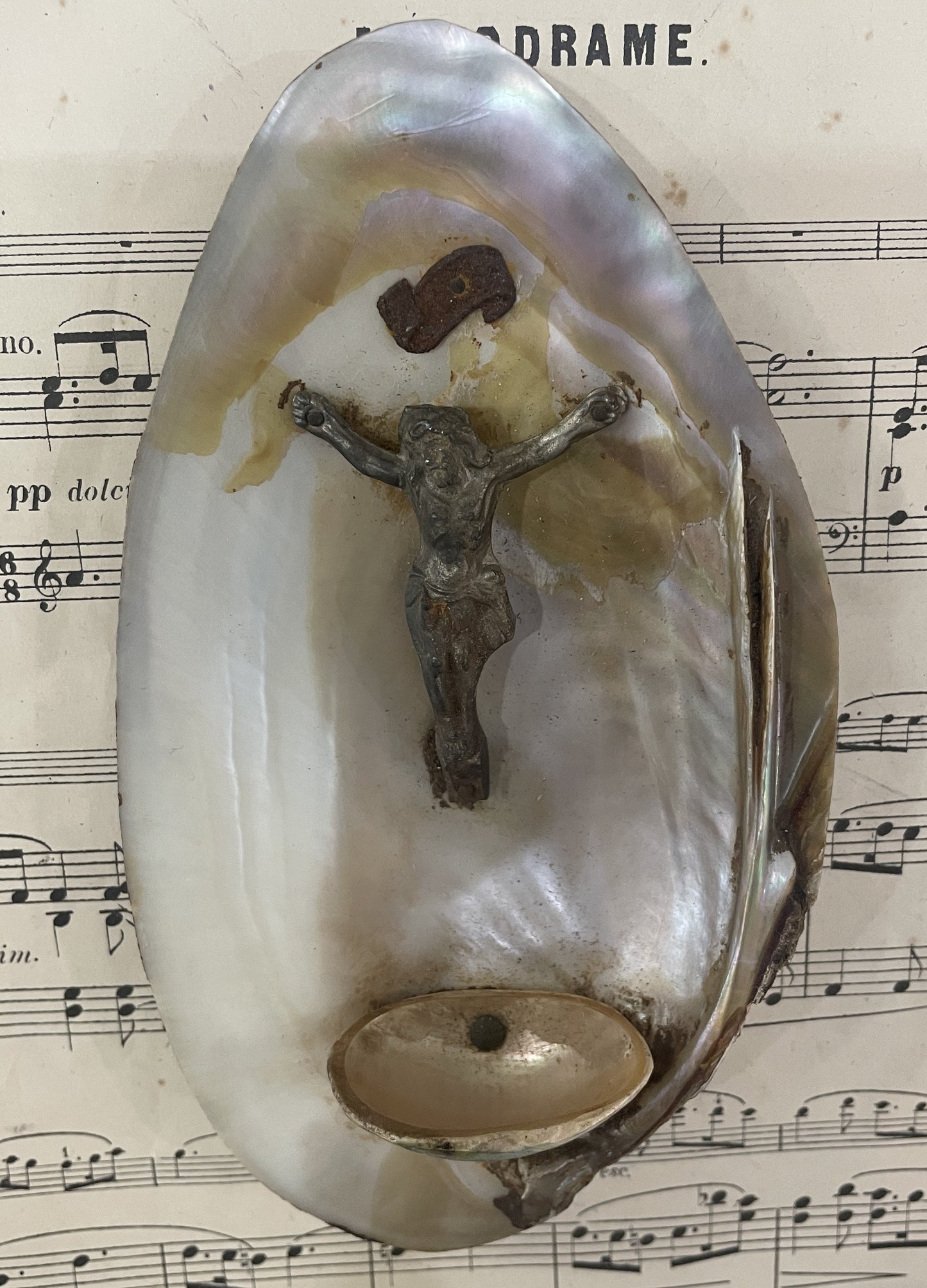Antique French Shell Holy Water Font Jesus c1900