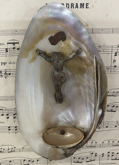 Antique French Shell Holy Water Font Jesus c1900