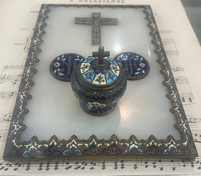Rare Antique French Champleve Enamel Bronze Ink Well Inkwell c1880