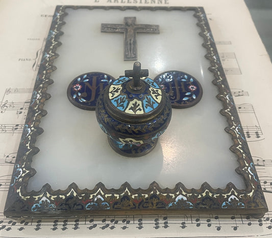 Rare Antique French Champleve Enamel Bronze Ink Well Inkwell c1880