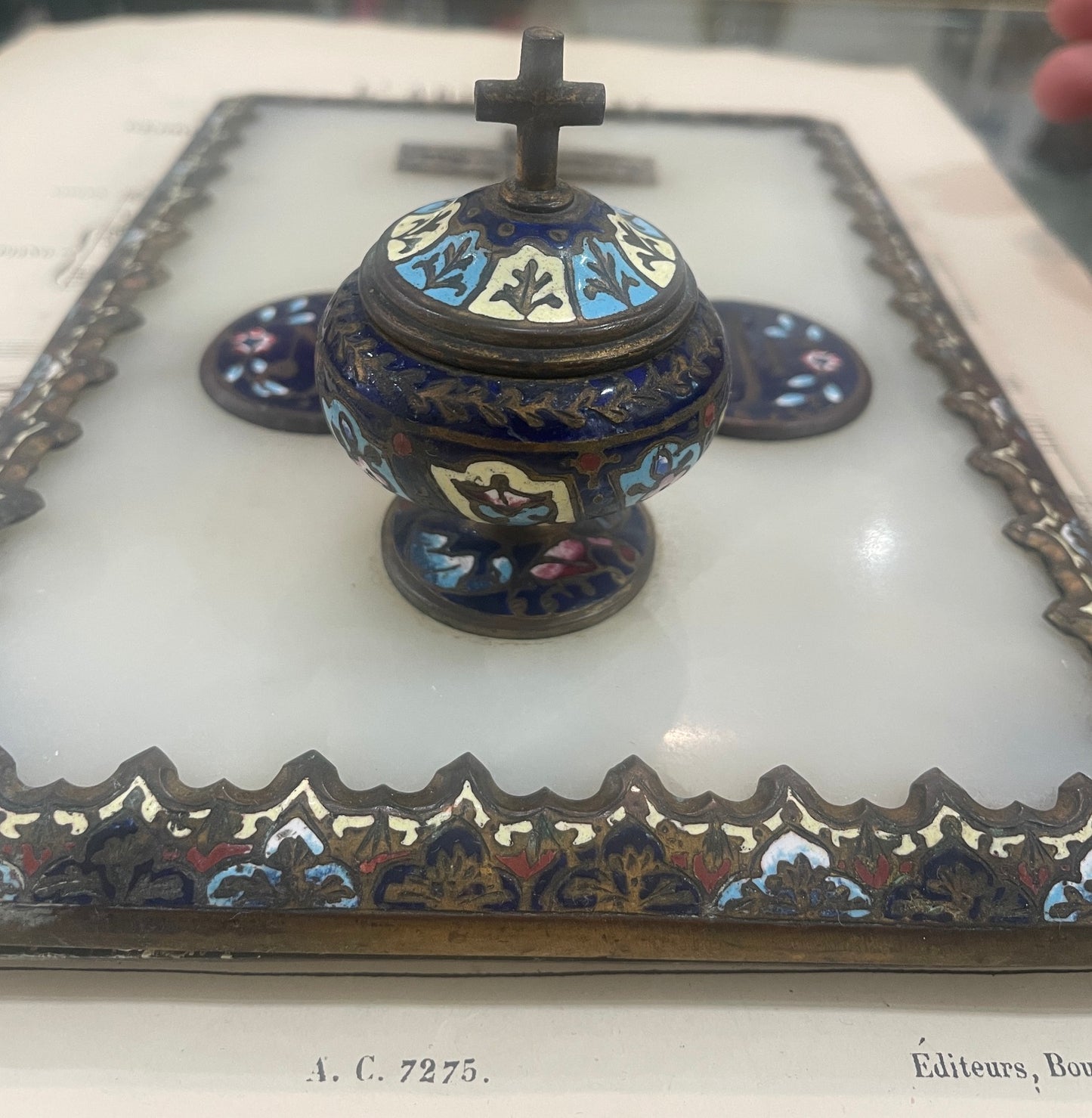Rare Antique French Champleve Enamel Bronze Ink Well Inkwell c1880