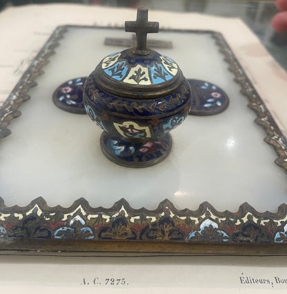 Rare Antique French Champleve Enamel Bronze Ink Well Inkwell c1880