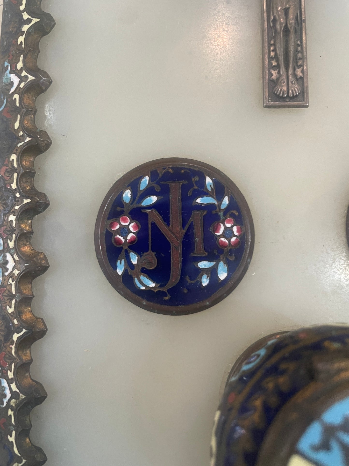 Rare Antique French Champleve Enamel Bronze Ink Well Inkwell c1880